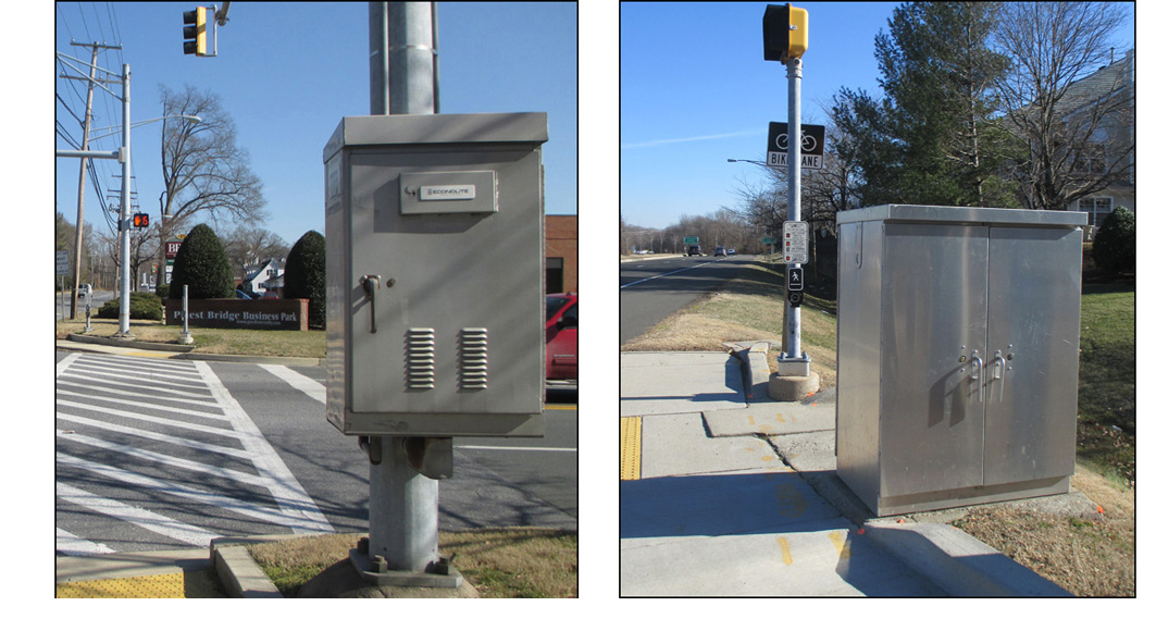 Two photos show large grey metal boxes, one is about 4 feet high, 2 feet deep, and 3 feet wide, sitting in the grass near a sidewalk, the other is suspended on a pole near a crosswalk, it is about 3 feet high and 2 feet wide.